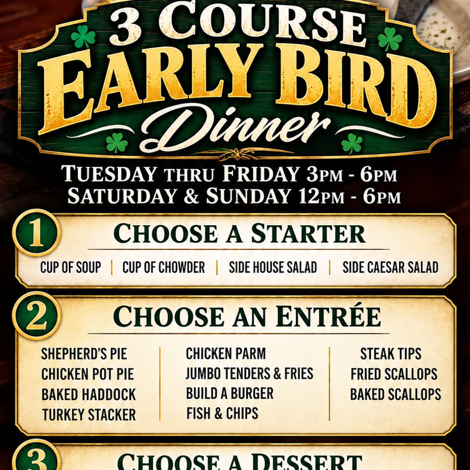 Early bird three course dinner specials flyer