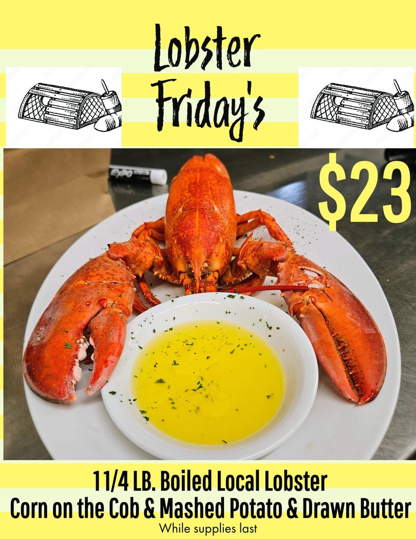 A boiled lobster with drawn butter on a white plate, advertising "Lobster Friday's" for $23.