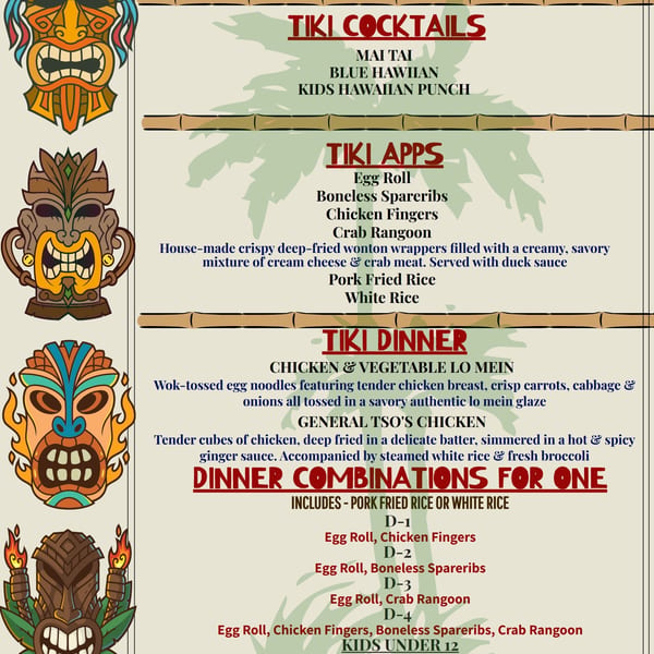 A menu for Scally's Chinese Wednesday, featuring tiki cocktails, apps, and dinner combinations.
