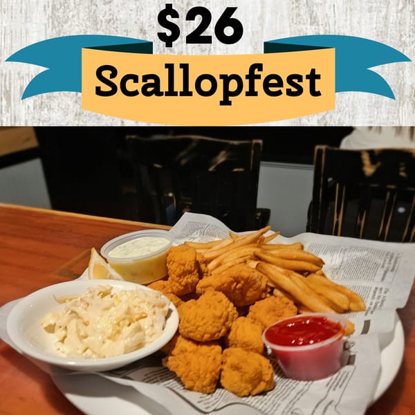 Fried scallops, french fries, coleslaw, tartar sauce, and ketchup on a plate.