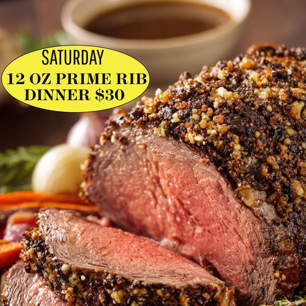 Sliced prime rib with a savory crust, served with roasted vegetables and a side of au jus.