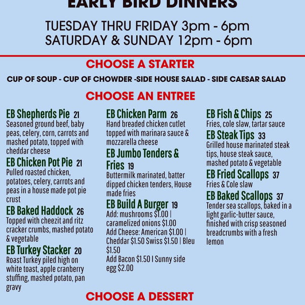 A restaurant menu for a 3-course early bird dinner, featuring starters, entrees, and desserts.