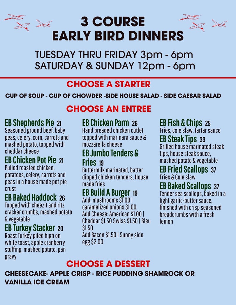 A restaurant menu for a 3-course early bird dinner, featuring starters, entrees, and desserts.